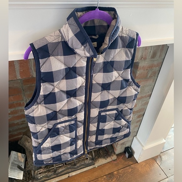 J. Crew Like New Quilted Puffer Vest 60% Waterfowl Down Filled Navy Tan Sz Small - Picture 4 of 8